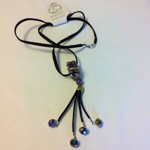 NEW Shelley Long Black Genuine Leather Art Deco Beaded Necklace